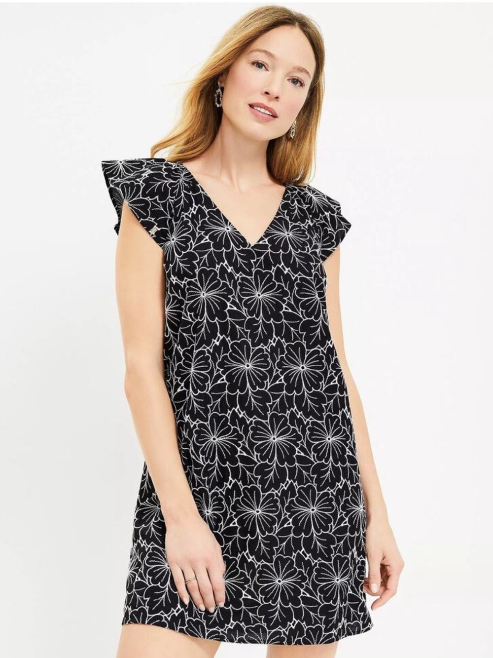 LOFT Black floral dress with white floral print.